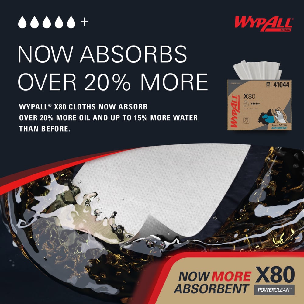 WypAll® PowerClean™ X80 Heavy Duty Cloths (41044), Brag Box, Extended Use Towels, White (152 Sheets/Box, 1 Box/Case, 152 Sheets/Case) - 41044