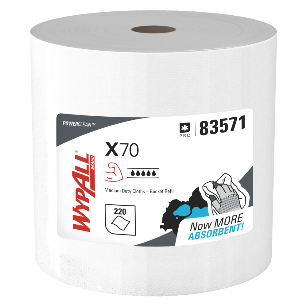 WypAll® PowerClean™ X70 Medium Duty Cloths (83571), Wipers in a Bucket Refill, Long Lasting Towels, White (220 Sheets/Roll, 3 Rolls/Case, 660 Sheets/Case) - 83571