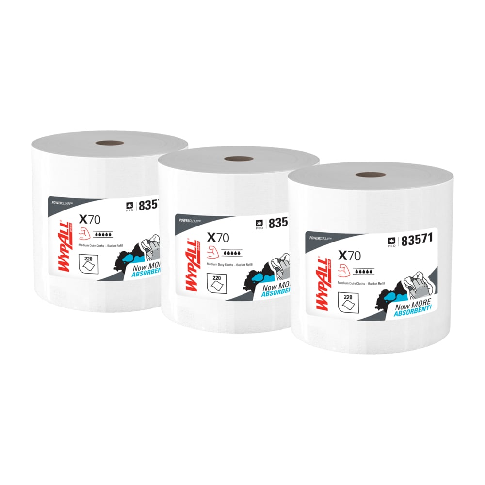 WypAll® PowerClean™ X70 Medium Duty Cloths (83571), Wipers in a Bucket Refill, Long Lasting Towels, White (220 Sheets/Roll, 3 Rolls/Case, 660 Sheets/Case) - 83571