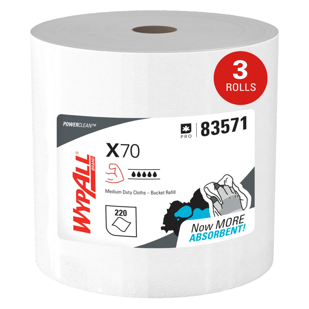 WypAll® PowerClean™ X70 Medium Duty Cloths (83571), Wipers in a Bucket Refill, Long Lasting Towels, White (220 Sheets/Roll, 3 Rolls/Case, 660 Sheets/Case) - 83571