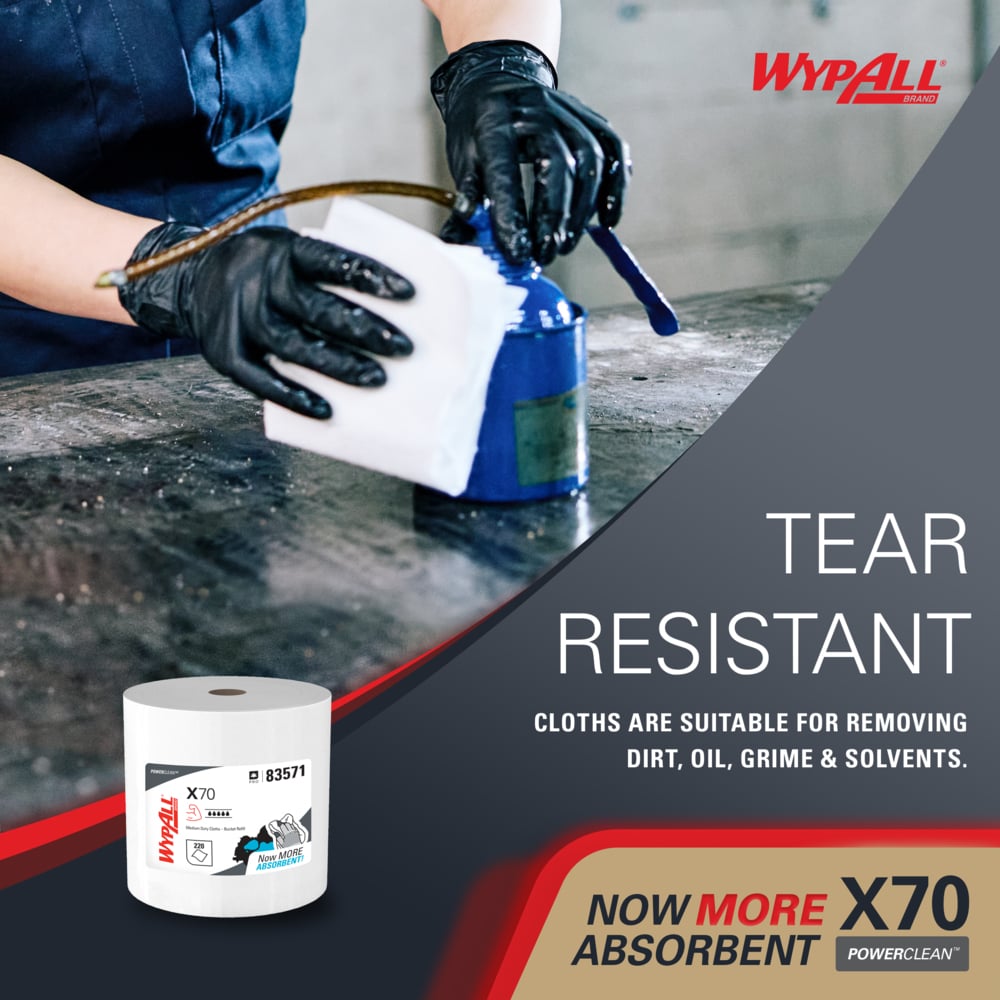 WypAll® PowerClean™ X70 Medium Duty Cloths (83571), Wipers in a Bucket Refill, Long Lasting Towels, White (220 Sheets/Roll, 3 Rolls/Case, 660 Sheets/Case) - 83571