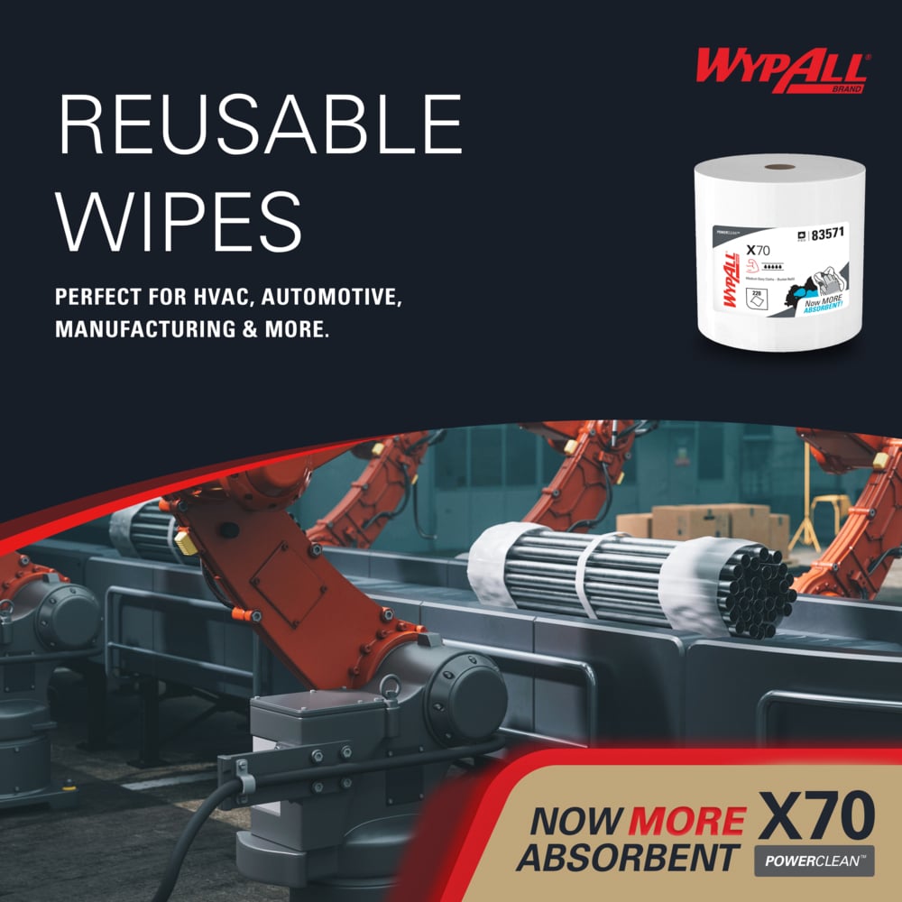 WypAll® PowerClean™ X70 Medium Duty Cloths (83571), Wipers in a Bucket Refill, Long Lasting Towels, White (220 Sheets/Roll, 3 Rolls/Case, 660 Sheets/Case) - 83571