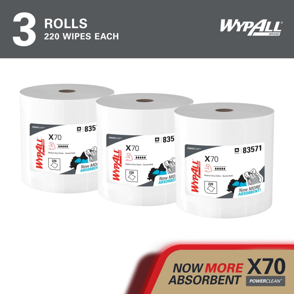 WypAll® PowerClean™ X70 Medium Duty Cloths (83571), Wipers in a Bucket Refill, Long Lasting Towels, White (220 Sheets/Roll, 3 Rolls/Case, 660 Sheets/Case) - 83571