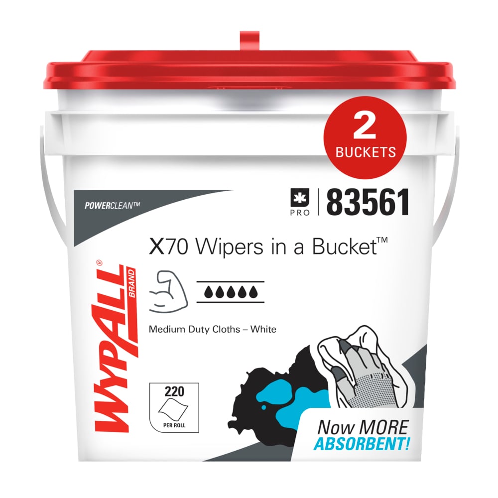WypAll® PowerClean™ X70 Medium Duty Cloths (83561), Wipers in Buckets, Long Lasting Towels, White (220 Sheets/Bucket, 2 Buckets/Case, 440 Sheets/Case) - 83561