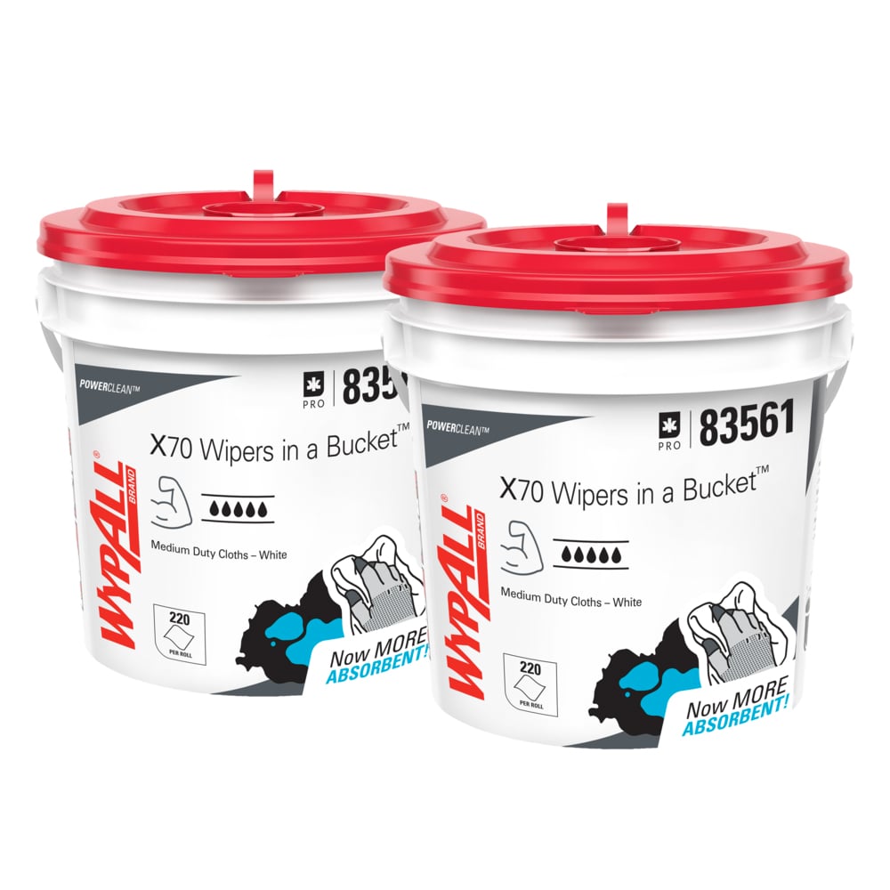 WypAll® PowerClean™ X70 Medium Duty Cloths (83561), Wipers in a Bucket, Long Lasting Towels, White (220 Sheets/Roll, 2 Rolls/Case, 440 Sheets/Case) - 83561