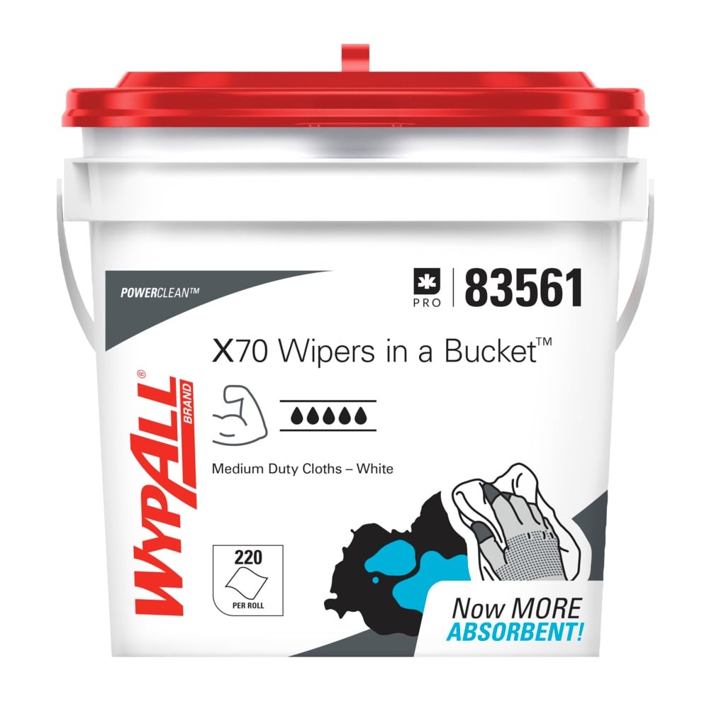 WypAll® PowerClean™ X70 Medium Duty Cloths (83561), Wipers in a Bucket, Long Lasting Towels, White (220 Sheets/Roll, 2 Rolls/Case, 440 Sheets/Case) - 83561
