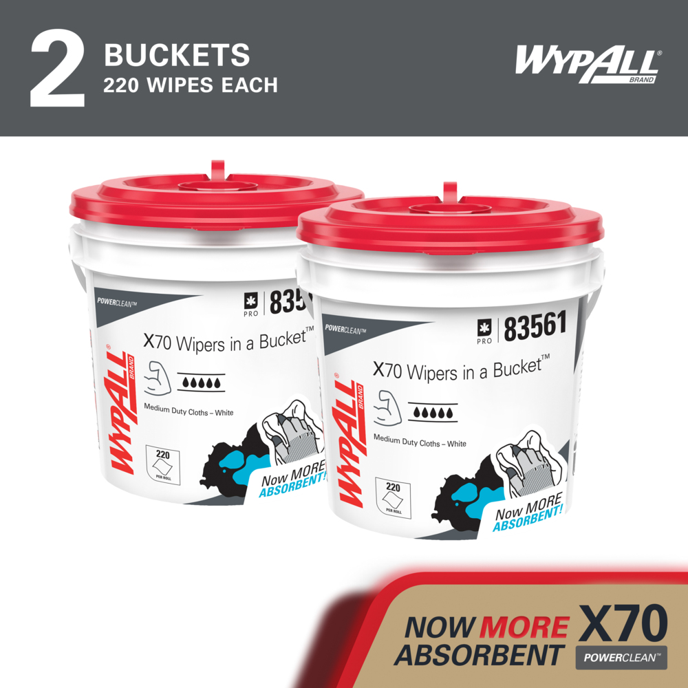 WypAll® PowerClean™ X70 Medium Duty Cloths (83561), Wipers in Buckets, Long Lasting Towels, White (220 Sheets/Bucket, 2 Buckets/Case, 440 Sheets/Case) - 83561
