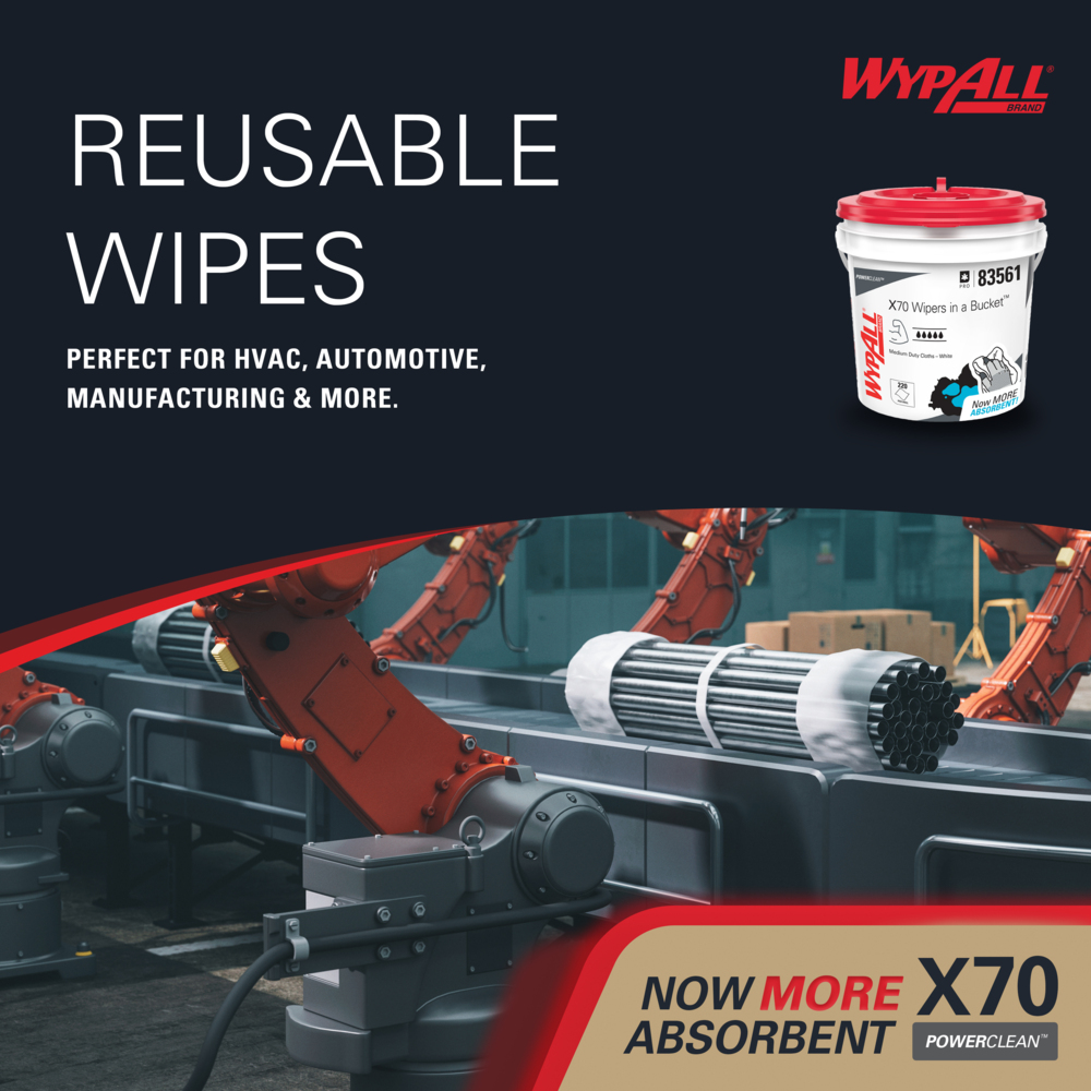 WypAll® PowerClean™ X70 Medium Duty Cloths (83561), Wipers in Buckets, Long Lasting Towels, White (220 Sheets/Bucket, 2 Buckets/Case, 440 Sheets/Case) - 83561