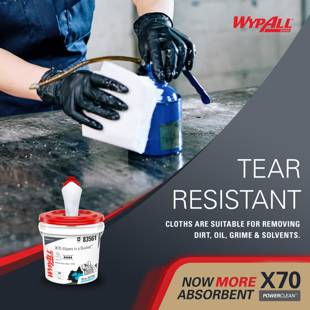 WypAll® PowerClean™ X70 Medium Duty Cloths (83561), Wipers in Buckets, Long Lasting Towels, White (220 Sheets/Bucket, 2 Buckets/Case, 440 Sheets/Case) - 83561