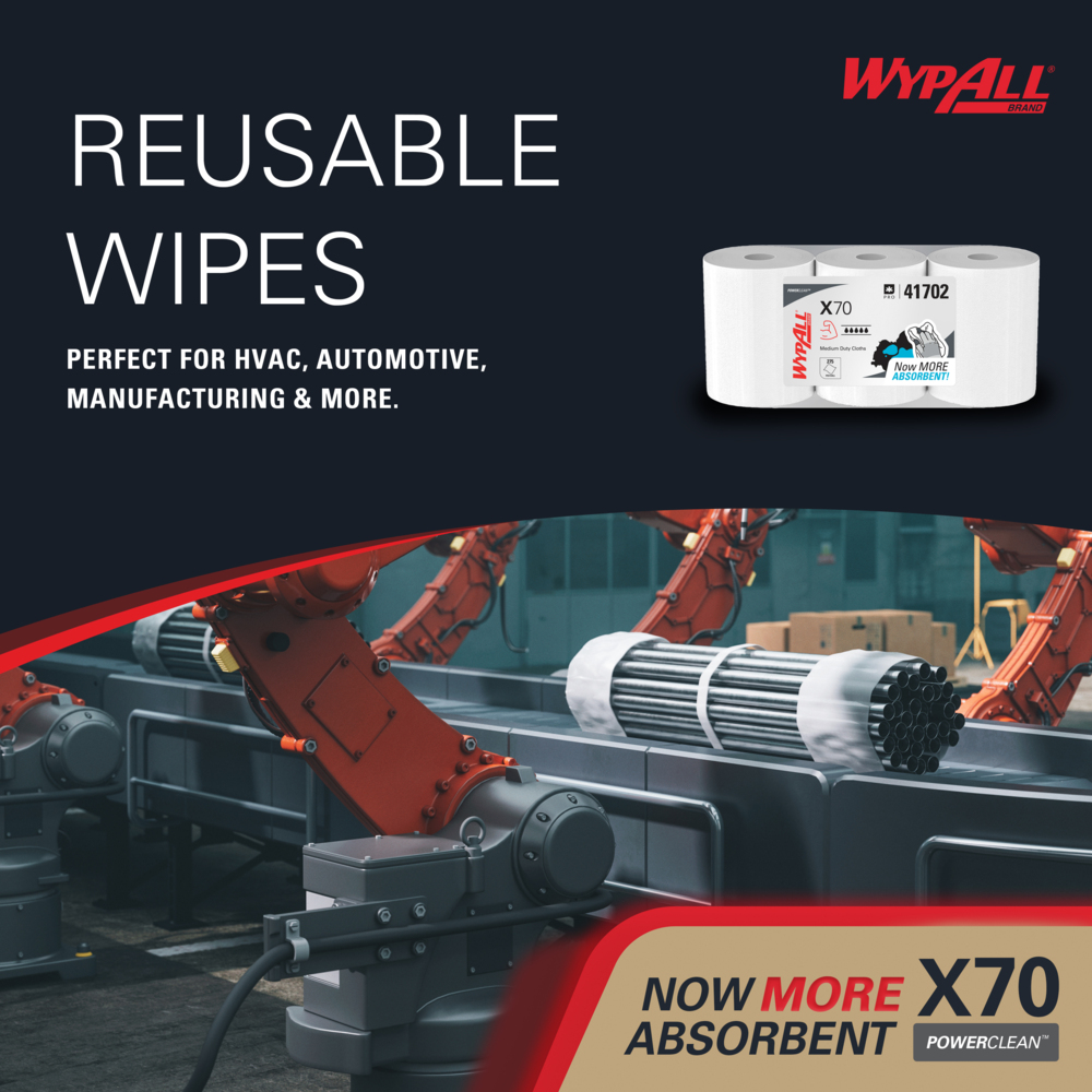 WypAll® PowerClean™ X70 Medium Duty Cloths (41702), Center-Pull Roll, Long Lasting Towels, White (275 Sheets/Roll, 3 Rolls/Case, 825 Sheets/Case) - 41702