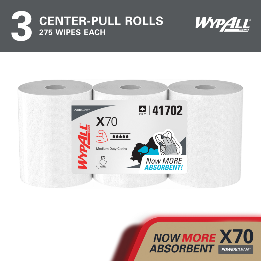WypAll® PowerClean™ X70 Medium Duty Cloths (41702), Center-Pull Roll, Long Lasting Towels, White (275 Sheets/Roll, 3 Rolls/Case, 825 Sheets/Case) - 41702