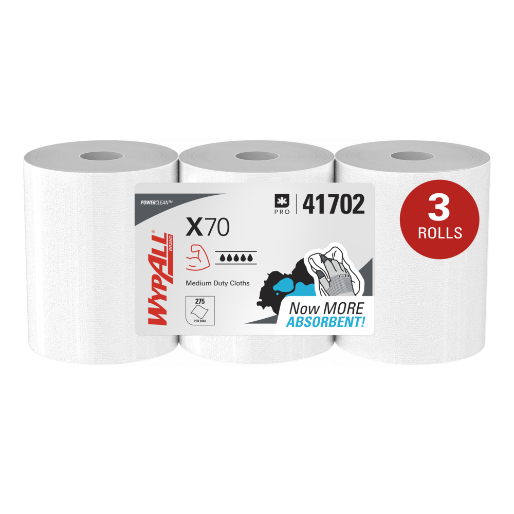 WypAll® PowerClean™ X70 Medium Duty Cloths (41702), Center-Pull Roll, Long Lasting Towels, White (275 Sheets/Roll, 3 Rolls/Case, 825 Sheets/Case) - 41702