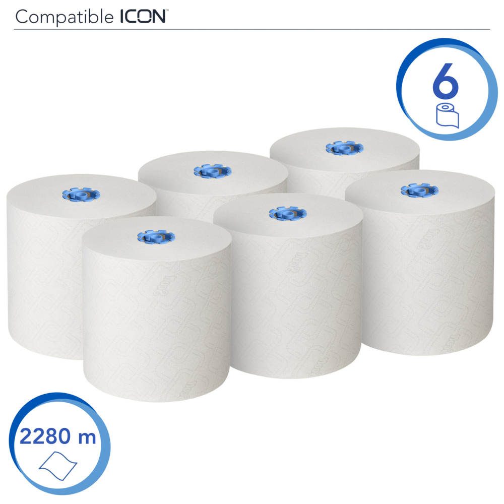 Rouleaux d'essuie-mains Scott® Essential™ 6638 - Rouleaux d'essuie-mains en papier E-Roll grand format - 6 x rouleaux de 380 m d'essuie-mains en papier blanc (2 280 m au total) - 6638