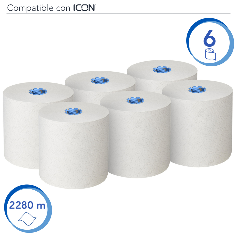 Rouleaux d'essuie-mains Scott® Essential™ 6638 - Rouleaux d'essuie-mains en papier E-Roll grand format - 6 x rouleaux de 380 m d'essuie-mains en papier blanc (2 280 m au total) - 6638