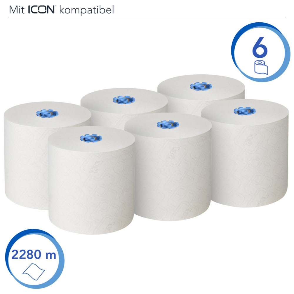 Rouleaux d'essuie-mains Scott® Essential™ 6638 - Rouleaux d'essuie-mains en papier E-Roll grand format - 6 x rouleaux de 380 m d'essuie-mains en papier blanc (2 280 m au total) - 6638