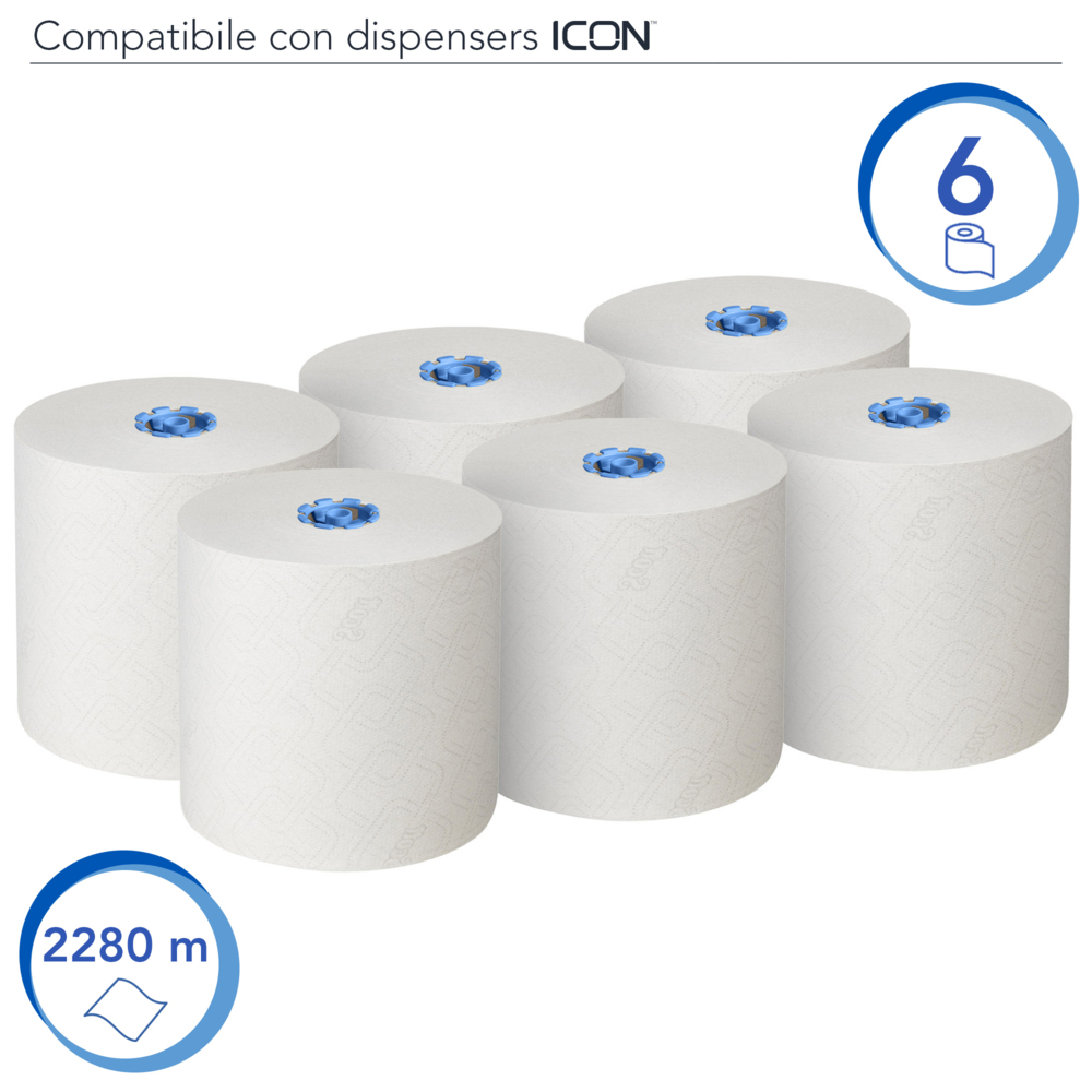 Rouleaux d'essuie-mains Scott® Essential™ 6638 - Rouleaux d'essuie-mains en papier E-Roll grand format - 6 x rouleaux de 380 m d'essuie-mains en papier blanc (2 280 m au total) - 6638