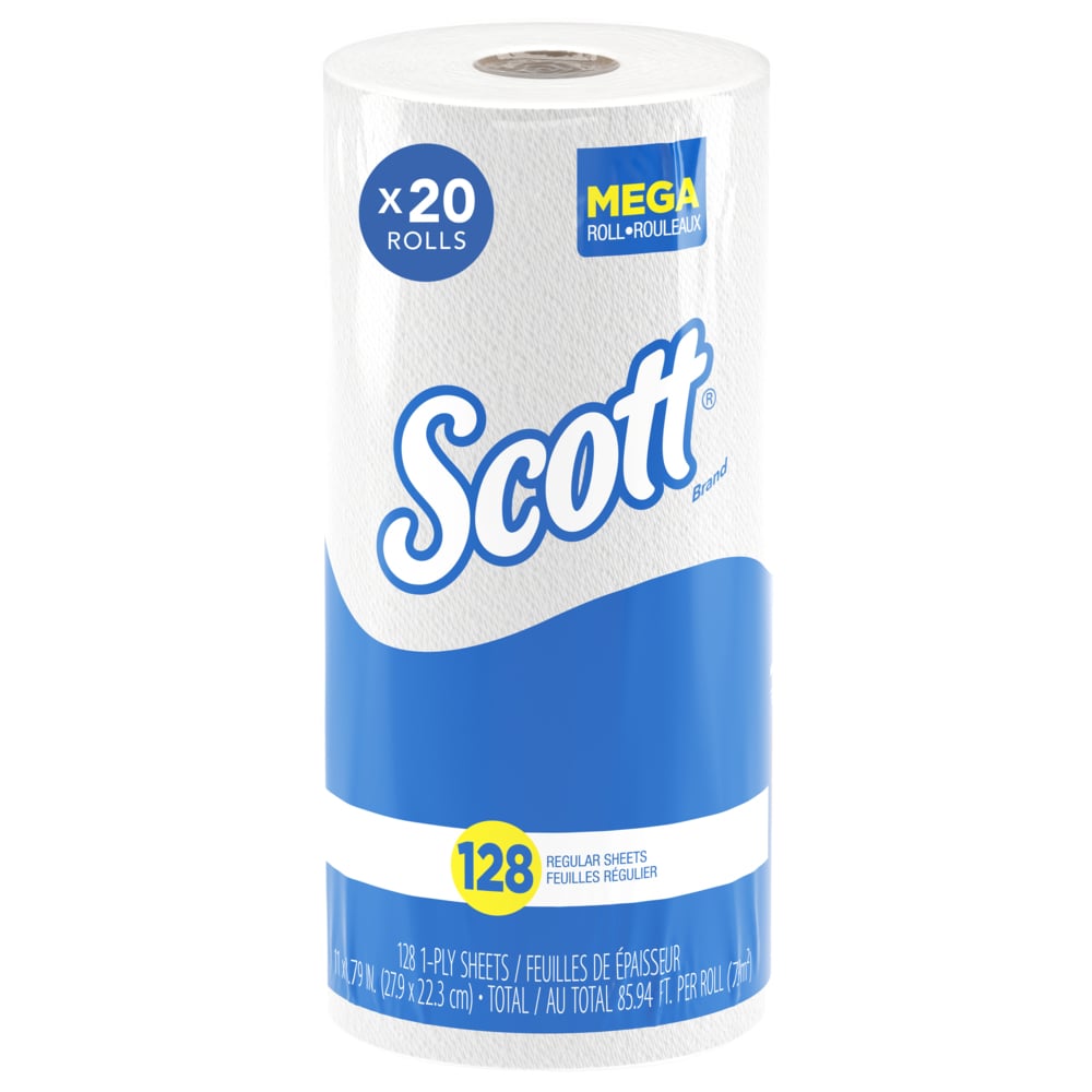 Scott® Kitchen Paper Towels (41482), with Fast-Drying Absorbency Pockets™, White, Perforated Standard Paper Towel Rolls, (20 Rolls/Case, 128 Sheets/Roll, 2,560 Sheets/Case) - 41482