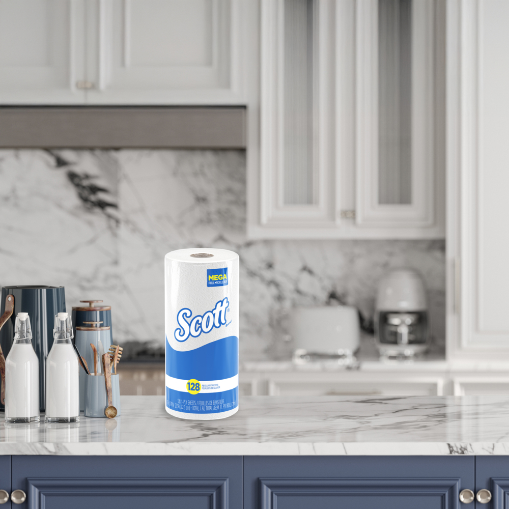 Scott® Kitchen Paper Towels (41482), with Fast-Drying Absorbency Pockets™, White, Perforated Standard Paper Towel Rolls, (20 Rolls/Case, 128 Sheets/Roll, 2,560 Sheets/Case) - 41482